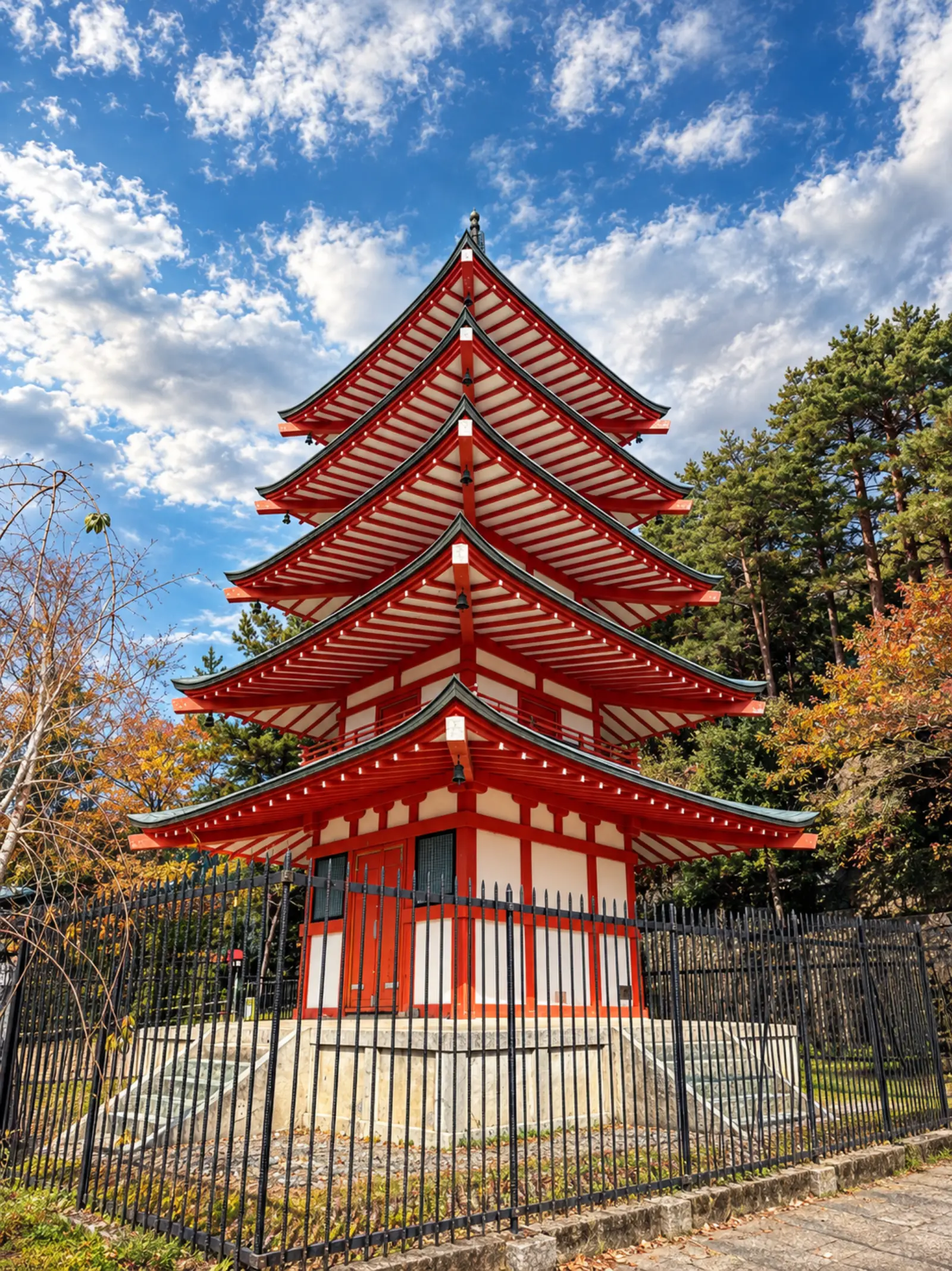 The vermilion Chureito Pagoda against an autumn sky, Fujiyoshida