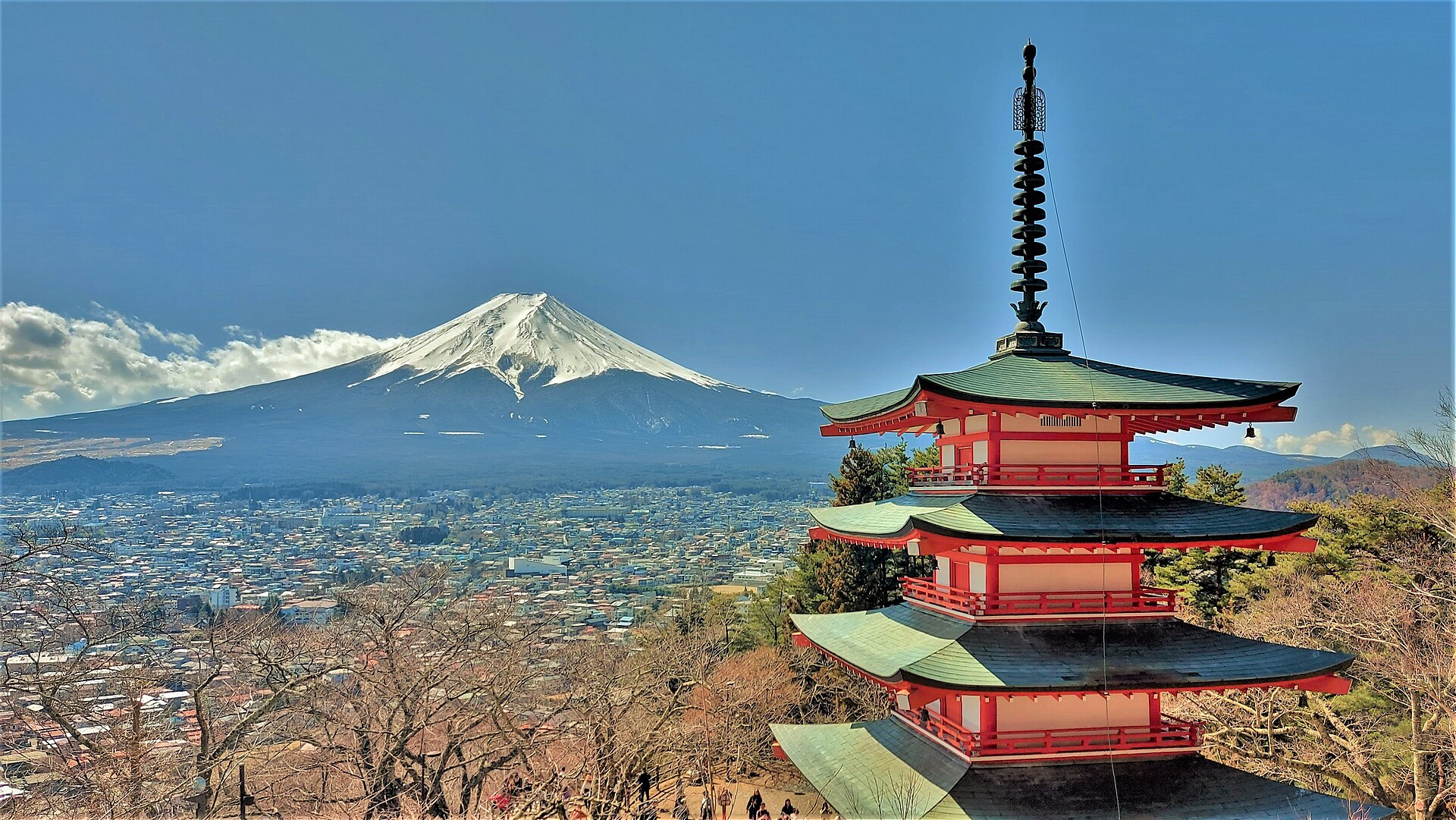 The Chureito Pagoda with Mt Fuji rising behind it