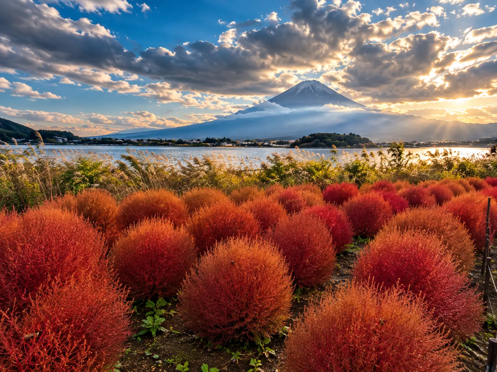 Red kochia bushes on the shore of Lake Kawaguchiko with Mt Fuji in golden light