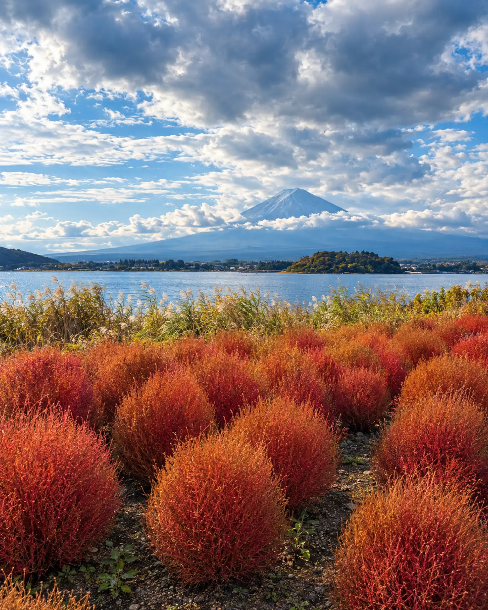 Red kochia bushes at Oishi Park with Mt Fuji behind Lake Kawaguchiko
