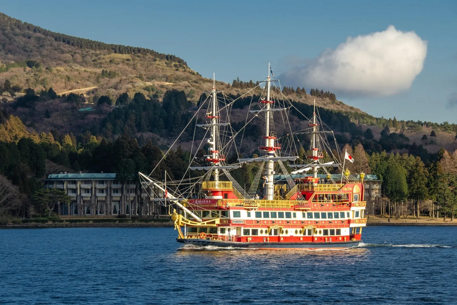 A replica sailing ship cruising on Lake Ashi in Hakone, with wooded hills behind