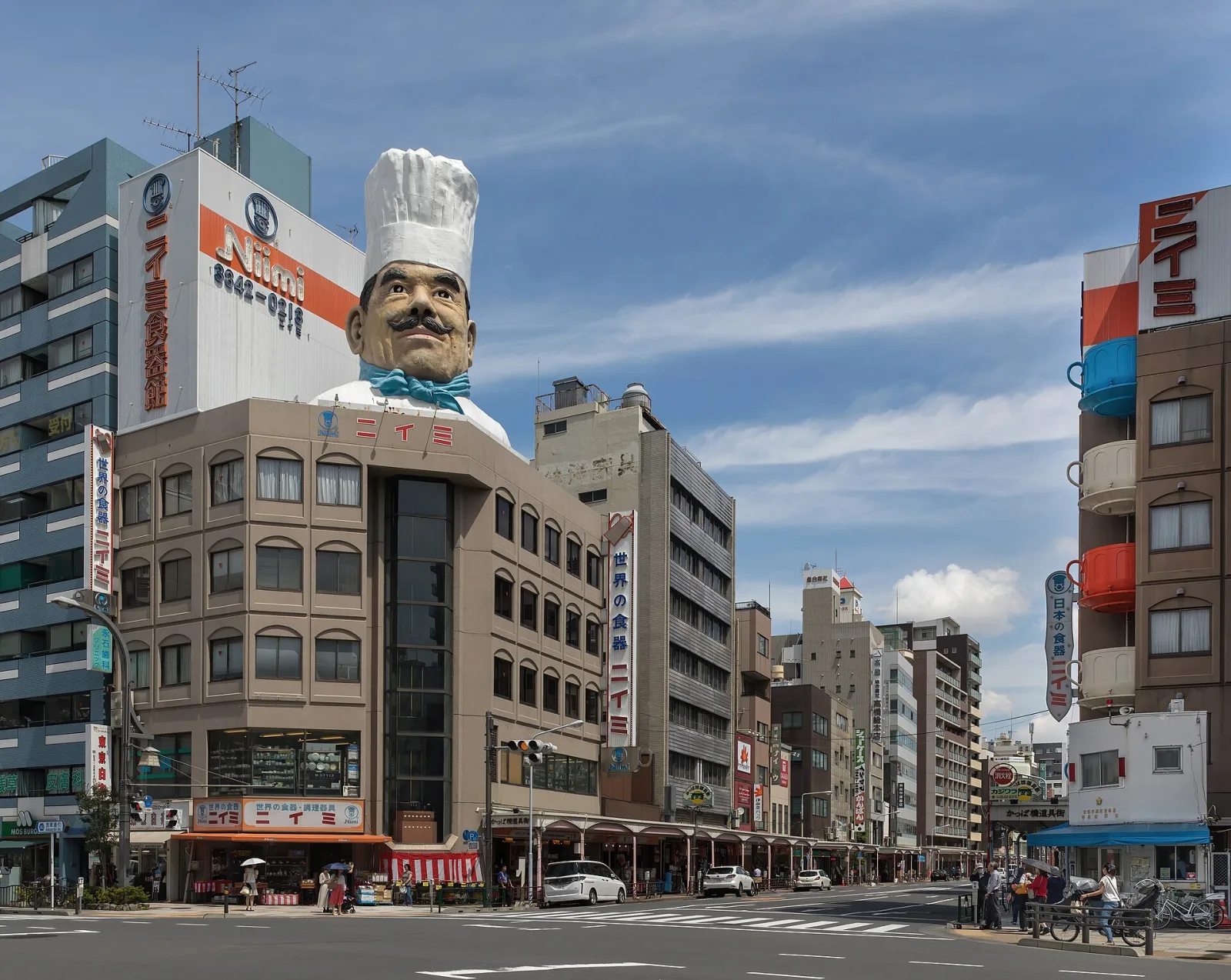 The giant chef's head on the Niimi building at the south entrance of Kappabashi Dougu Street in Tokyo