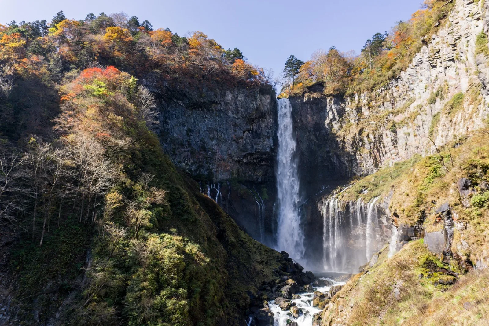 Kegon Falls in Nikko surrounded by autumn leaves