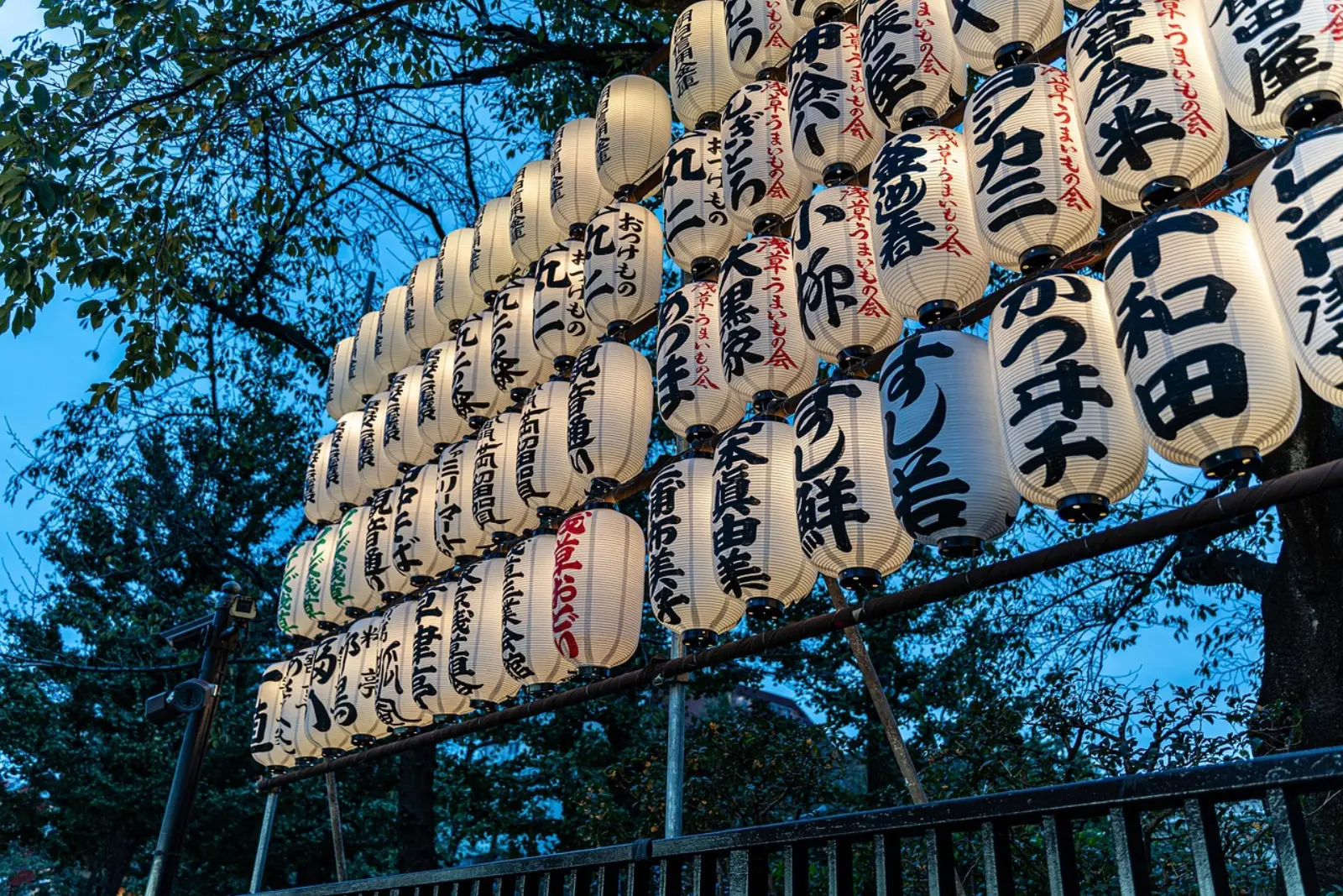 Rows of paper lanterns with calligraphy at Senso-ji temple in Asakusa
